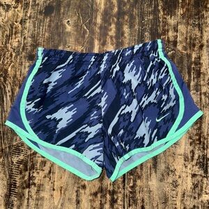 Nike Blue and Green Athletic Shorts with Camouflage Design